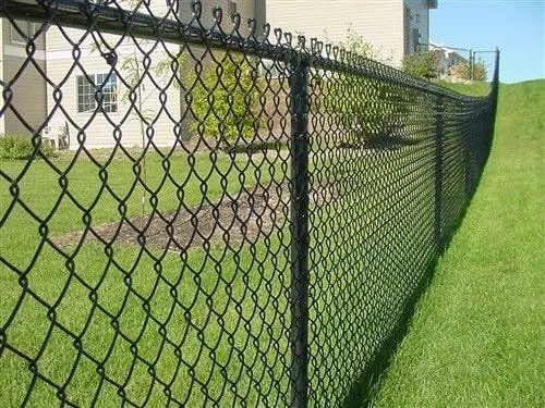 Black vinyl-coated chain link fence beside a lawn