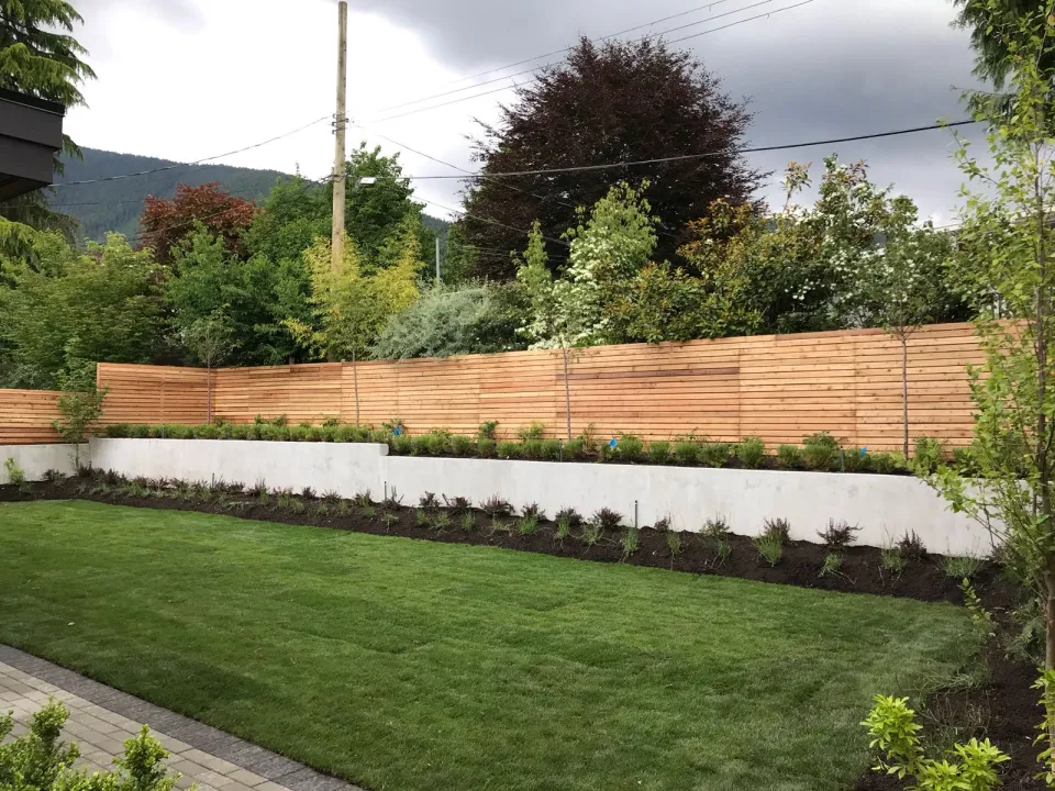 Horizontal cedar fence on top of a white retaining wall with new plantings