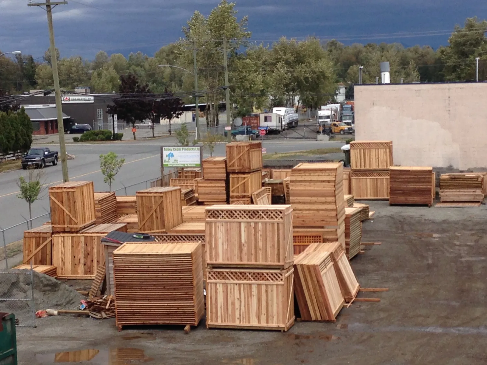 Stacks of finished cedar fence panels at Abbey Cedar Products on Peardonville Road, Abbotsford